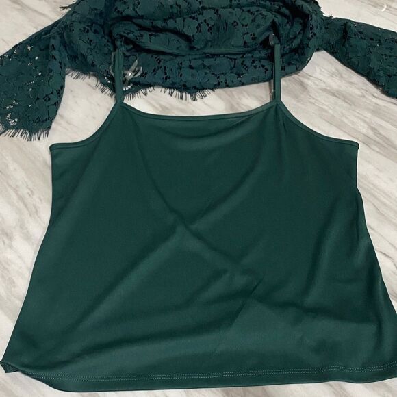 Rafaella‎ Deep Jade Green Lace Scalloped Hem Top w/ Cami | Size Small NWT - Picture 8 of 12